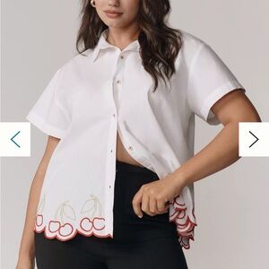 Maeve White Button-Down Shirt with Red Cherry Trim